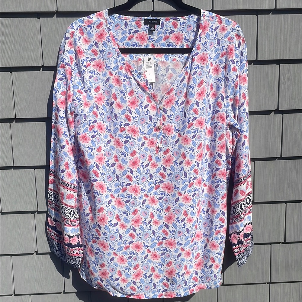 Talbots White and Pink 3/4 Sleeve Relaxed Blouse